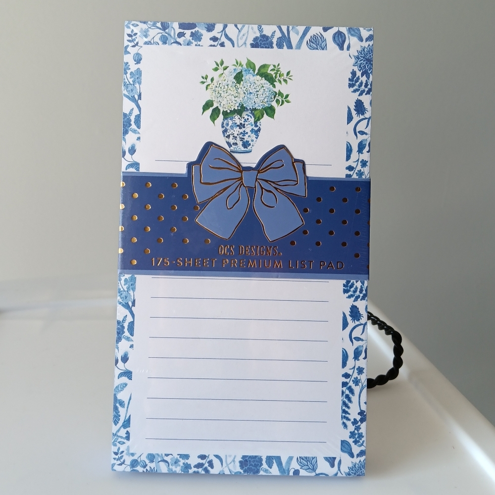 OCS Designs List Pad 175 Sheets Sapphire Splendor Floral Notepad Blue White 8"